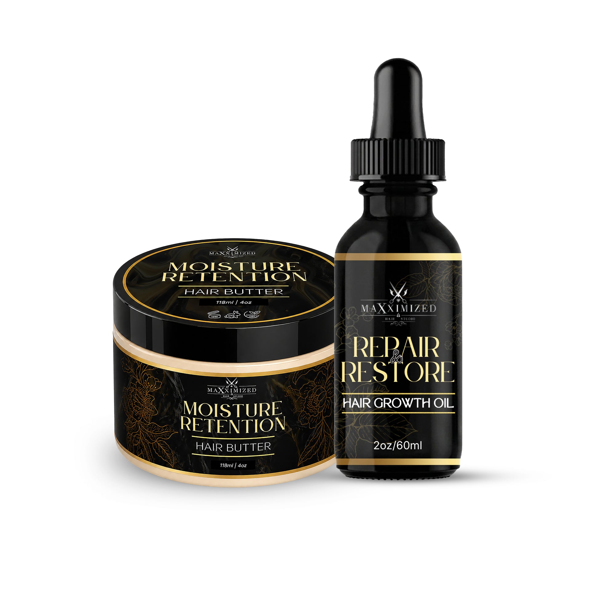 Butter Gold hair care set with moisture retention butter and hair growth oil for natural hair, edges, and protective styles