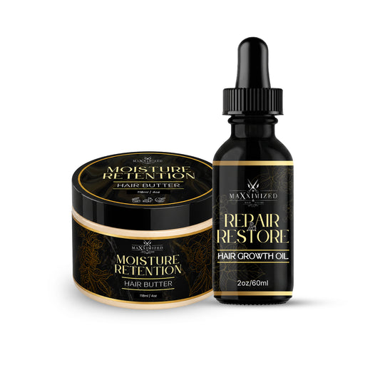 Butter Gold hair care set with moisture retention butter and hair growth oil for natural hair, edges, and protective styles