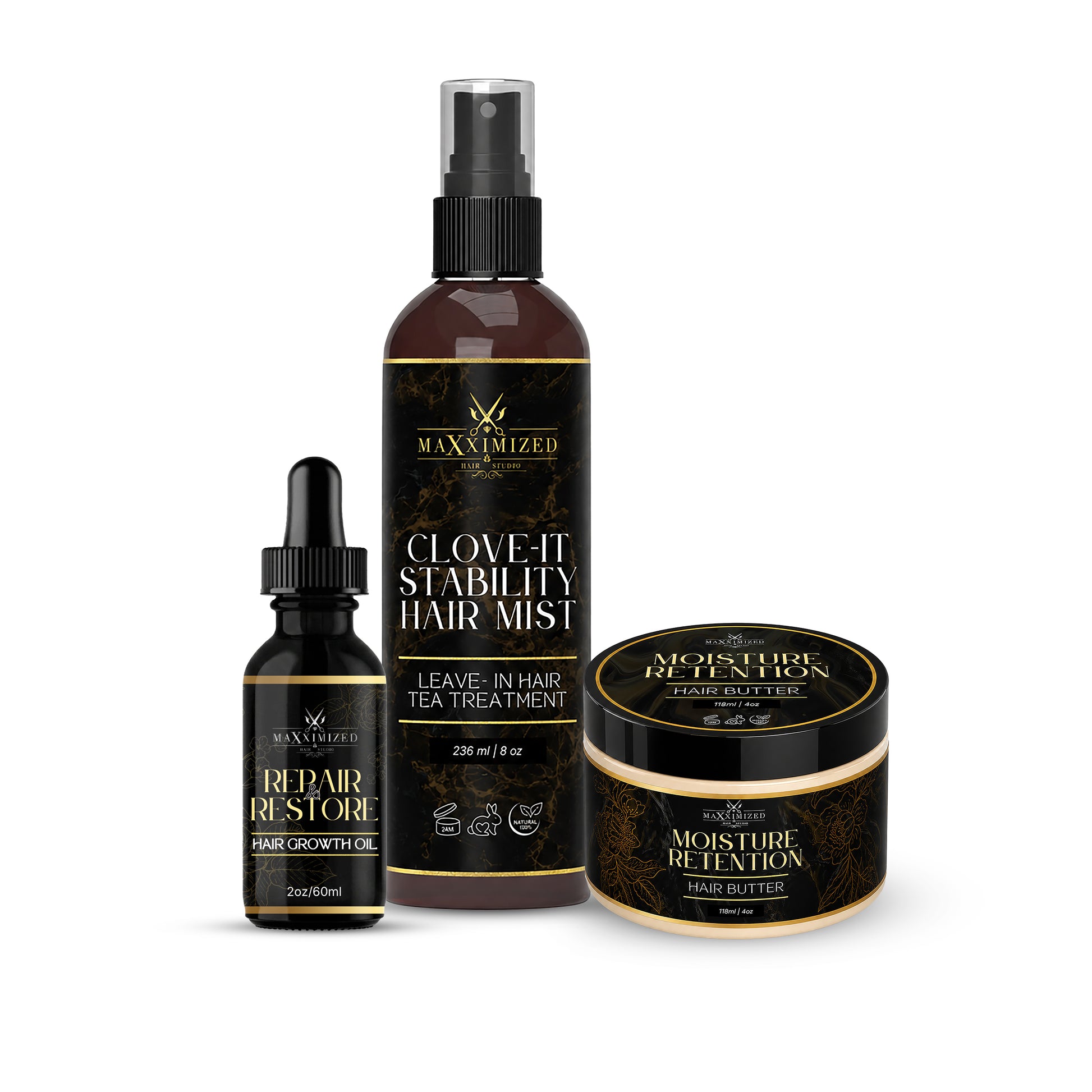 Protective Style Savior hair care set with clove mist, growth oil, and moisture butter for braids, wigs, twists, and sew-ins.