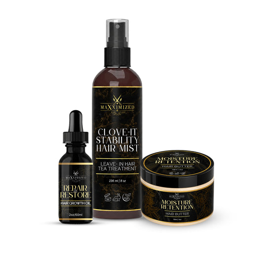 Protective Style Savior hair care set with clove mist, growth oil, and moisture butter for braids, wigs, twists, and sew-ins.