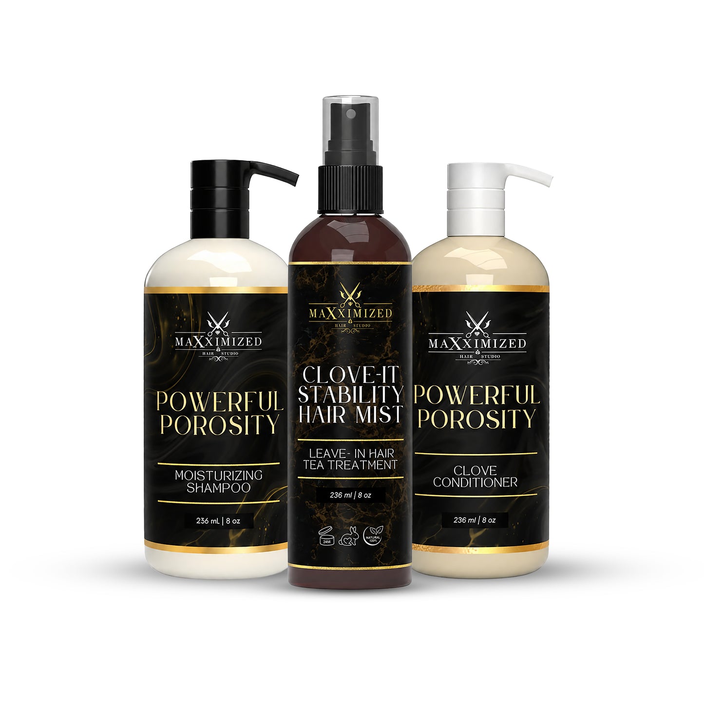 Powerful porosity hair care set with moisturizing shampoo, clove conditioner, and hair mist for hydration and detangling