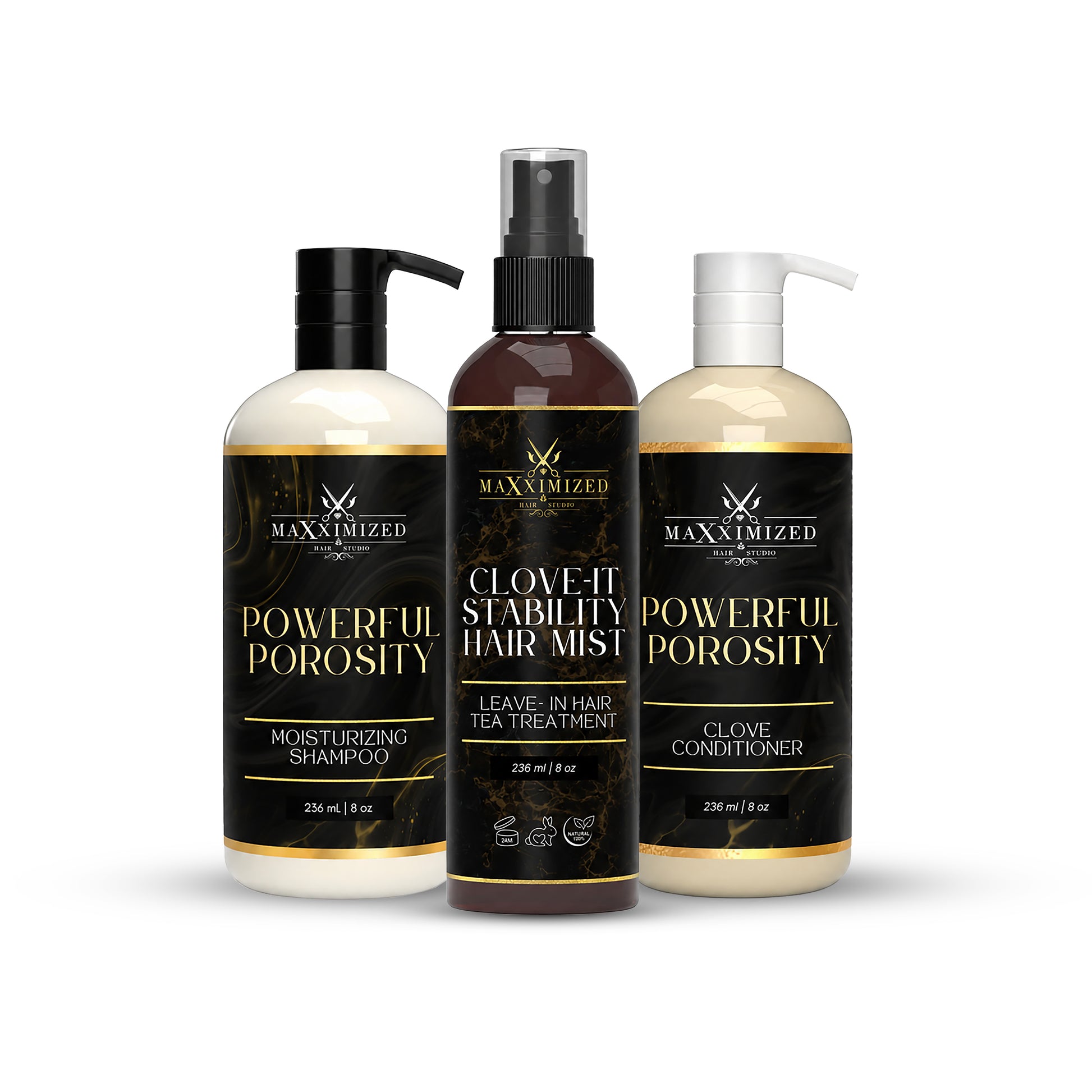 Powerful porosity hair care set with moisturizing shampoo, clove conditioner, and hair mist for hydration and detangling