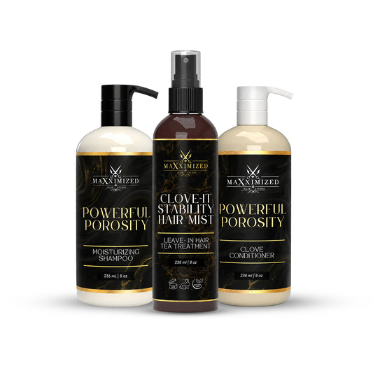 Powerful porosity hair care set with moisturizing shampoo, clove conditioner, and hair mist for hydration and detangling